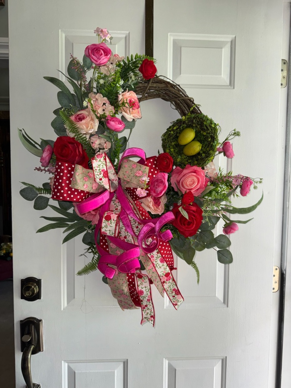 Pink & Red Floral Holiday Wreath with Ribbon Bow